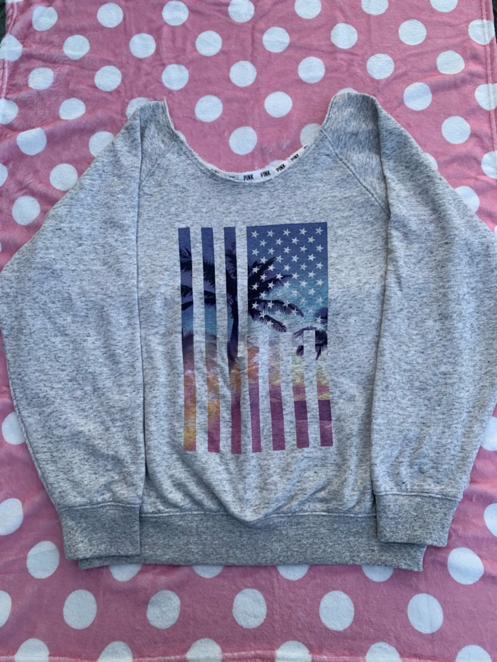 PINK Victoria's Secret Heather Gray Crewneck Sweatshirt with Sunset Flag Graphic